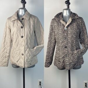 Gray brown reversible quilted animal hoodless button up jacket coat sz medium